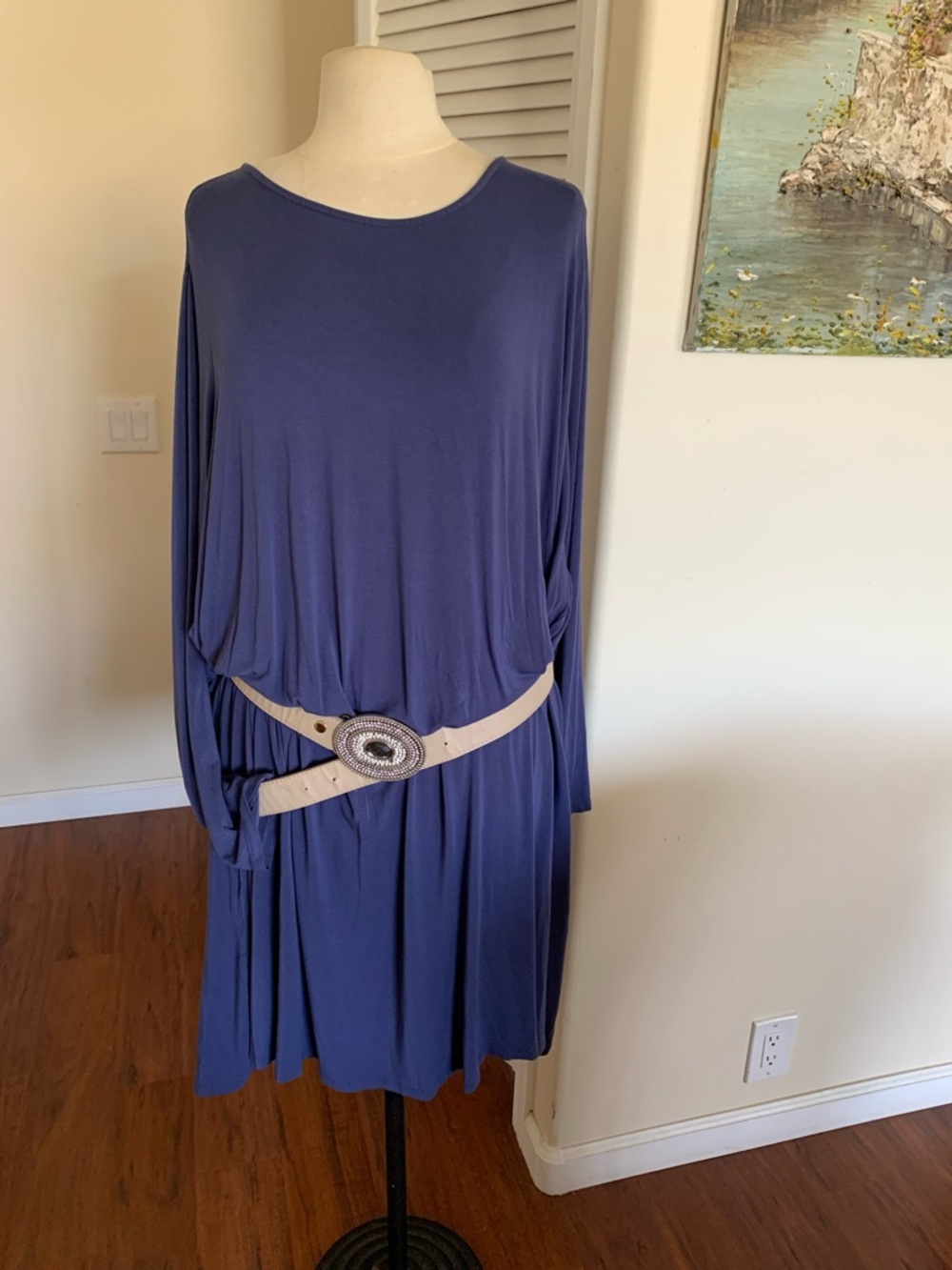 Pretty 5X  size Long-Sleeve Swing Dress in Slate Blue,